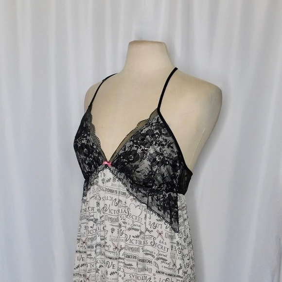 VICTORIA’S SECRET Black Floral Lace Script Print Chemise Gown Nightgown Large - Picture 6 of 12